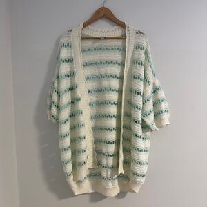Maeve | Anthropologie | Open Cardigan White and Mint Green Knit Cotton